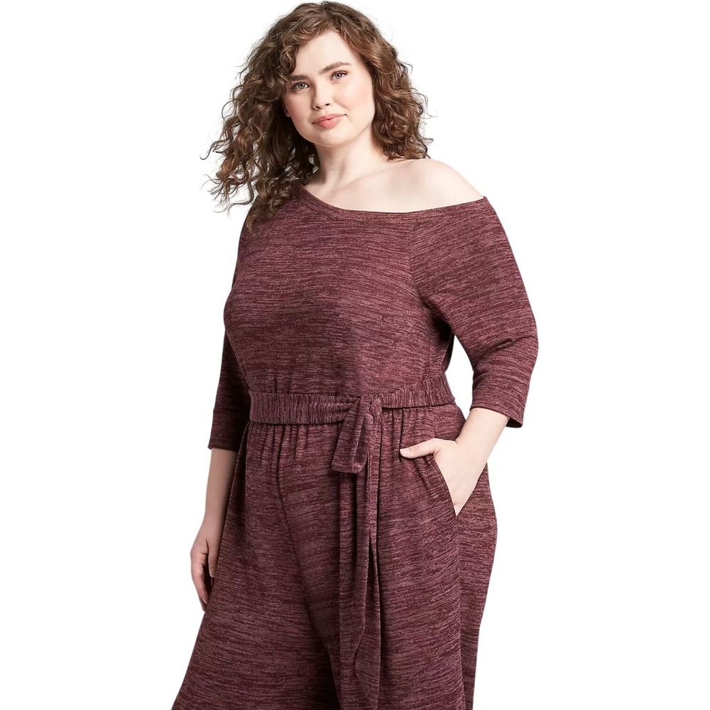 Lane Bryant Hacci Jumpsuit 18/20 Maroon‎ Asymmetric Off Shoulder Tie Waist Knit